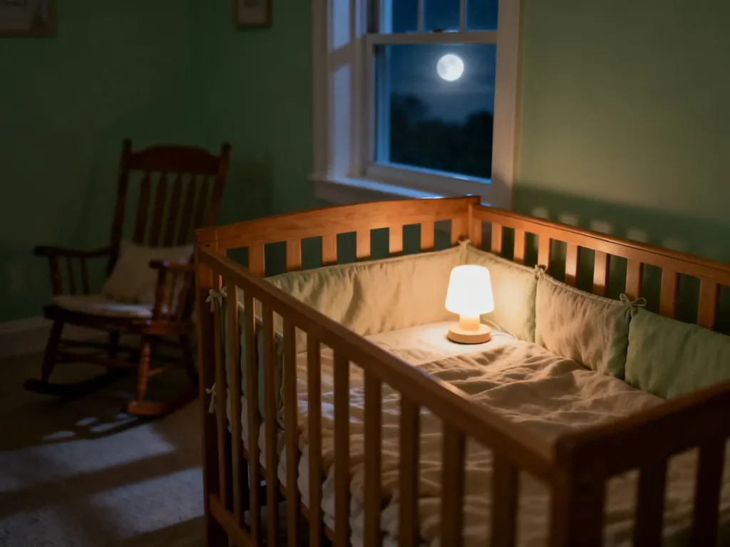 Przytulny pokój dziecięcy z drewnianym łóżeczkiem w nastrojowym świetle lampki nocnej, sprzyjający spokojnemu snu malucha.