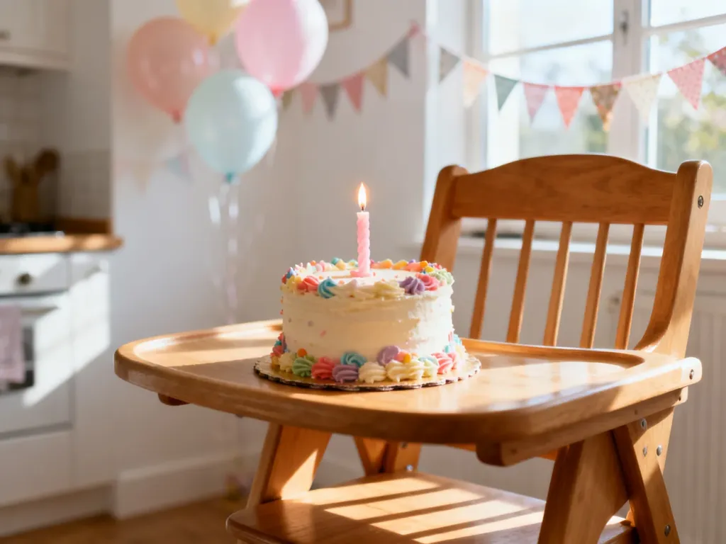 Mały tort typu smash cake z jedną świeczką na krzesełku do karmienia w otoczeniu pastelowych dekoracji urodzinowych.