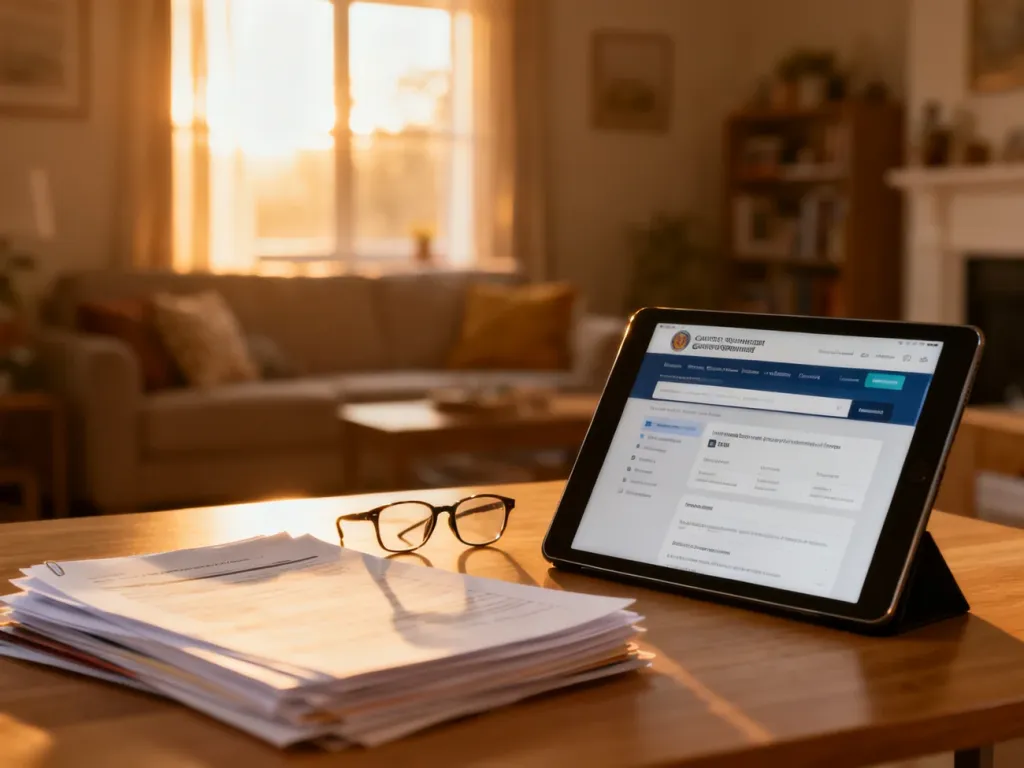 Dokumenty, tablet z rządowym portalem i okulary na biurku, symbolizujące proces składania wniosku o Kartę Dużej Rodziny.