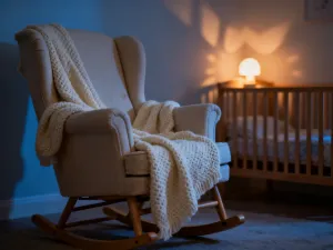 Ergonomiczne nosidło dla niemowląt położone na wełnianym kocu w przytulnym, słonecznym pokoju dziecięcym.