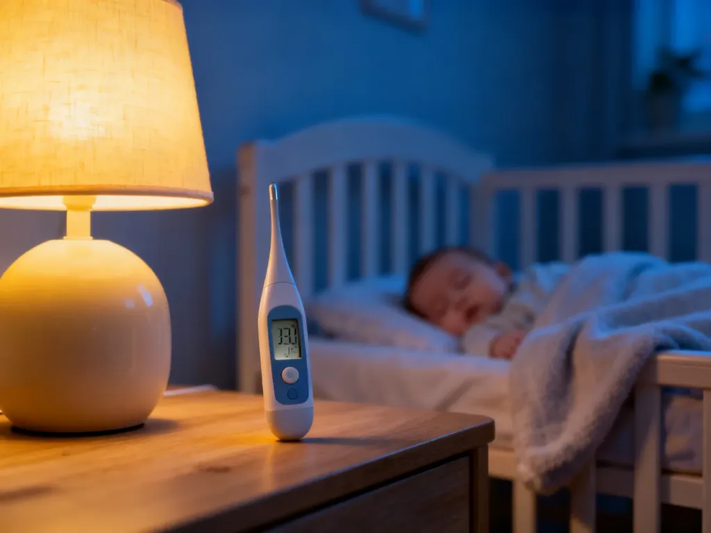 Cyfrowy termometr na szafce nocnej w przytulnym pokoju dziecięcym, wskazujący optymalną temperaturę do snu niemowlęcia.
