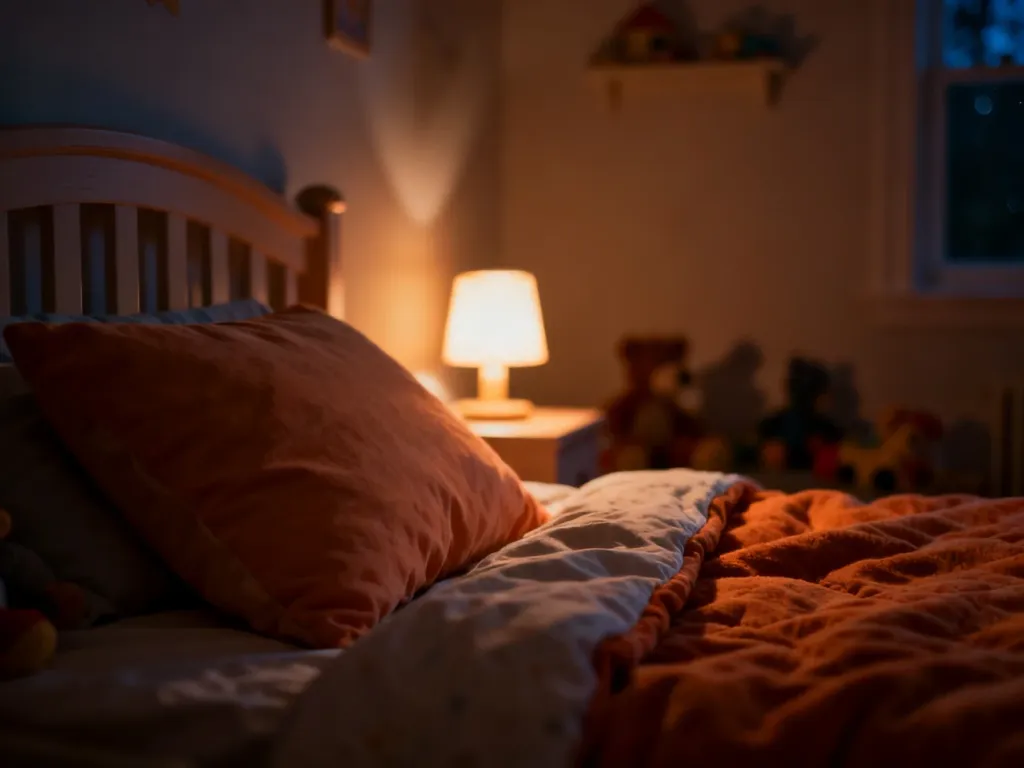 Przytulna sypialnia dziecka w nocy z delikatnym oświetleniem, sprzyjająca spokojnemu snu.