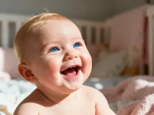 Przytulny pokój dziecięcy w nocy z wygodnym fotelem i delikatnym oświetleniem, tworzący spokojną atmosferę do odpoczynku.