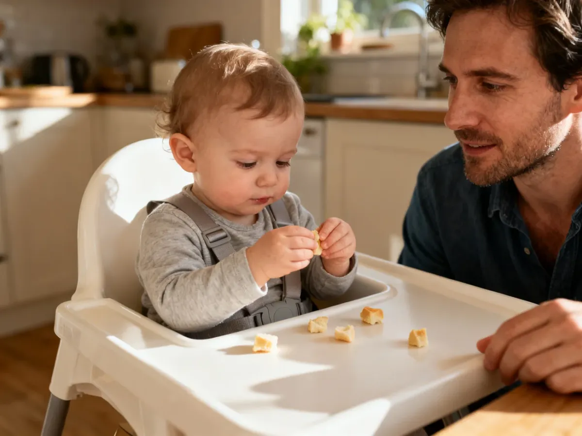 Toddler learning to eat soft solid foods independently with a parent nearby
