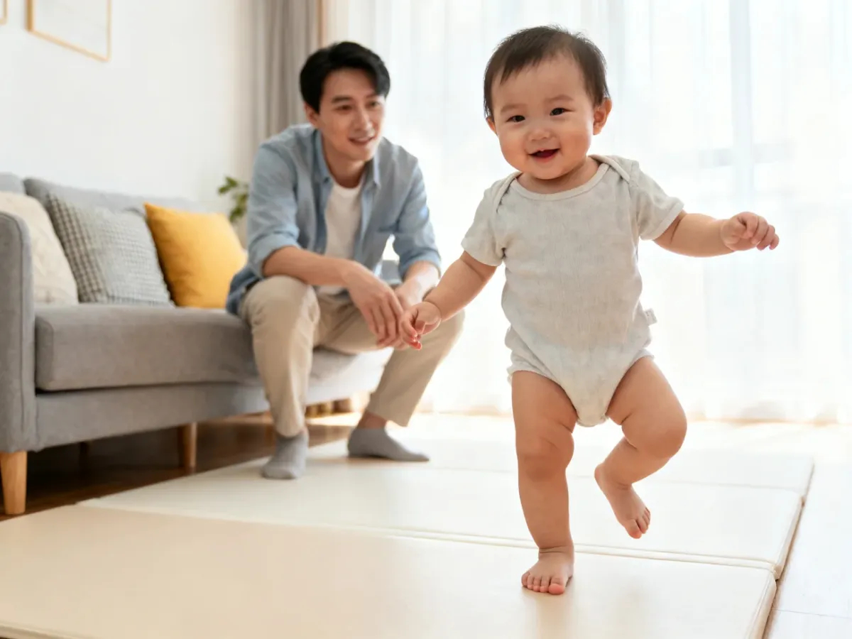 Toddler taking first steps barefoot in a safe living room with a parent nearby
