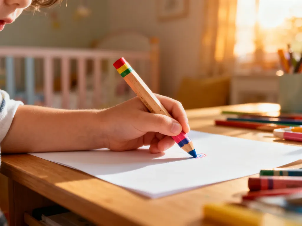 Dziecięca dłoń trzymająca kolorową kredkę nad czystą kartką papieru, przygotowująca się do rysowania przy biurku.