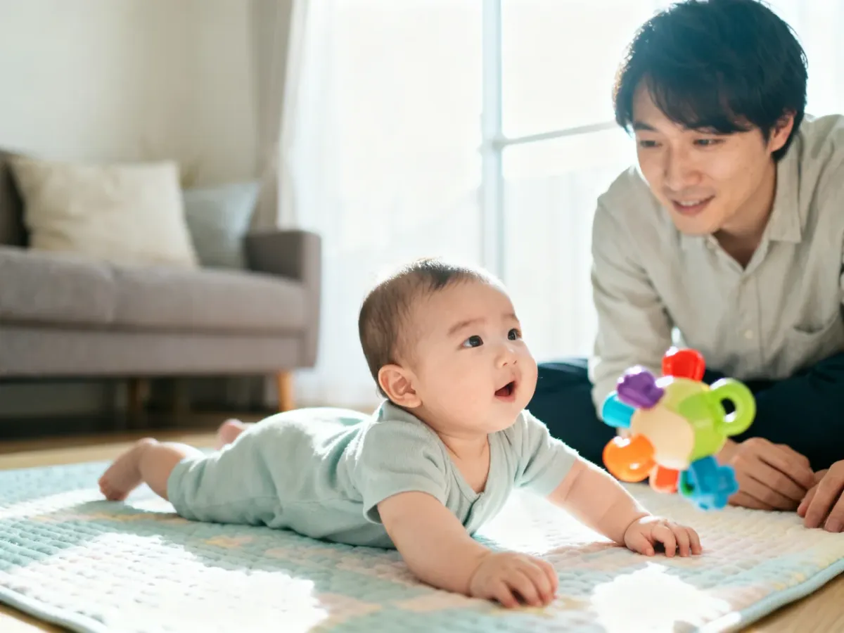 Niemowlę podczas tummy time obserwowane przez rodzica