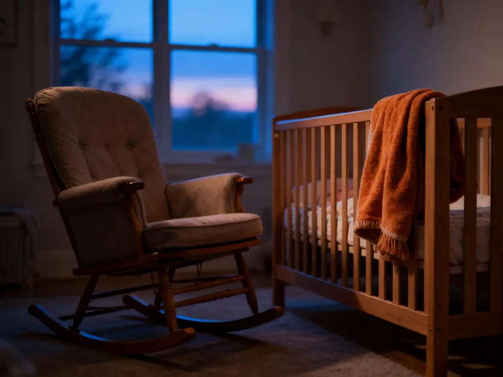 Przytulny pokój dziecięcy o świcie z kołyską i fotelem, tworzący spokojną atmosferę sprzyjającą nocnej opiece nad dzieckiem.
