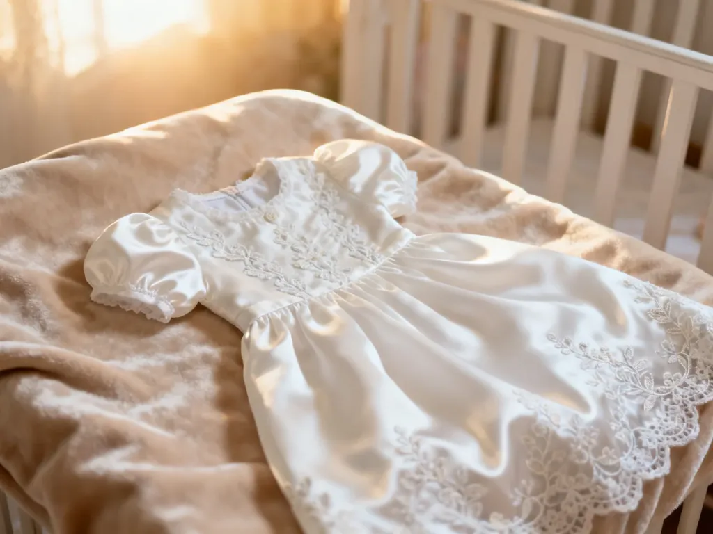 Elegancka, biała sukienka do chrztu z koronkowymi zdobieniami, przygotowana na beżowym kocyku w słonecznym pokoju dziecięcym.