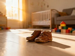 Drewniana skrzynia z zabawkami, klockami i pluszowym misiem w słonecznym pokoju dziecięcym, zachęcająca do kreatywnej zabawy.