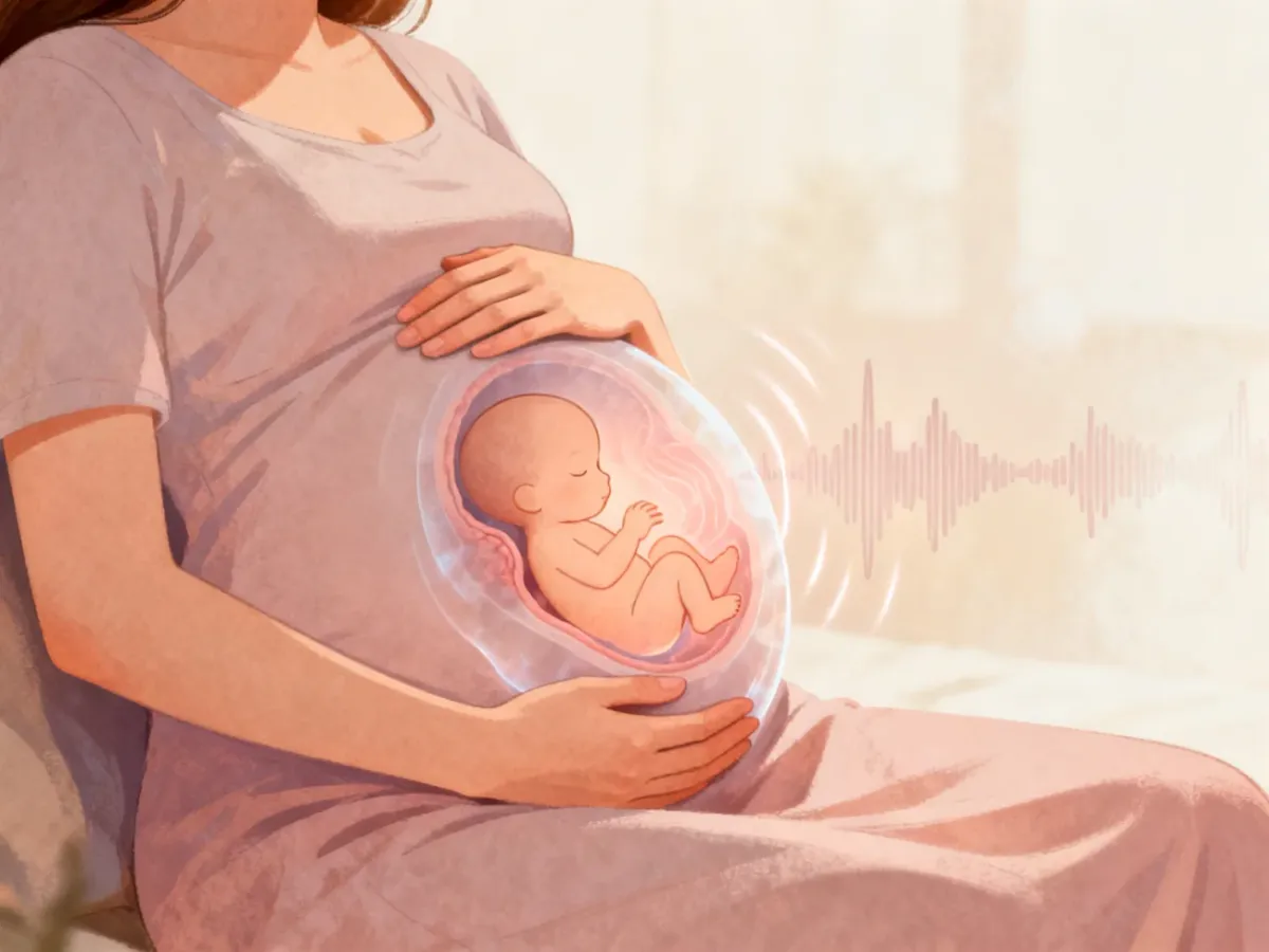 Ciężarna mama i dziecko w brzuchu otoczone delikatnymi falami dźwiękowymi