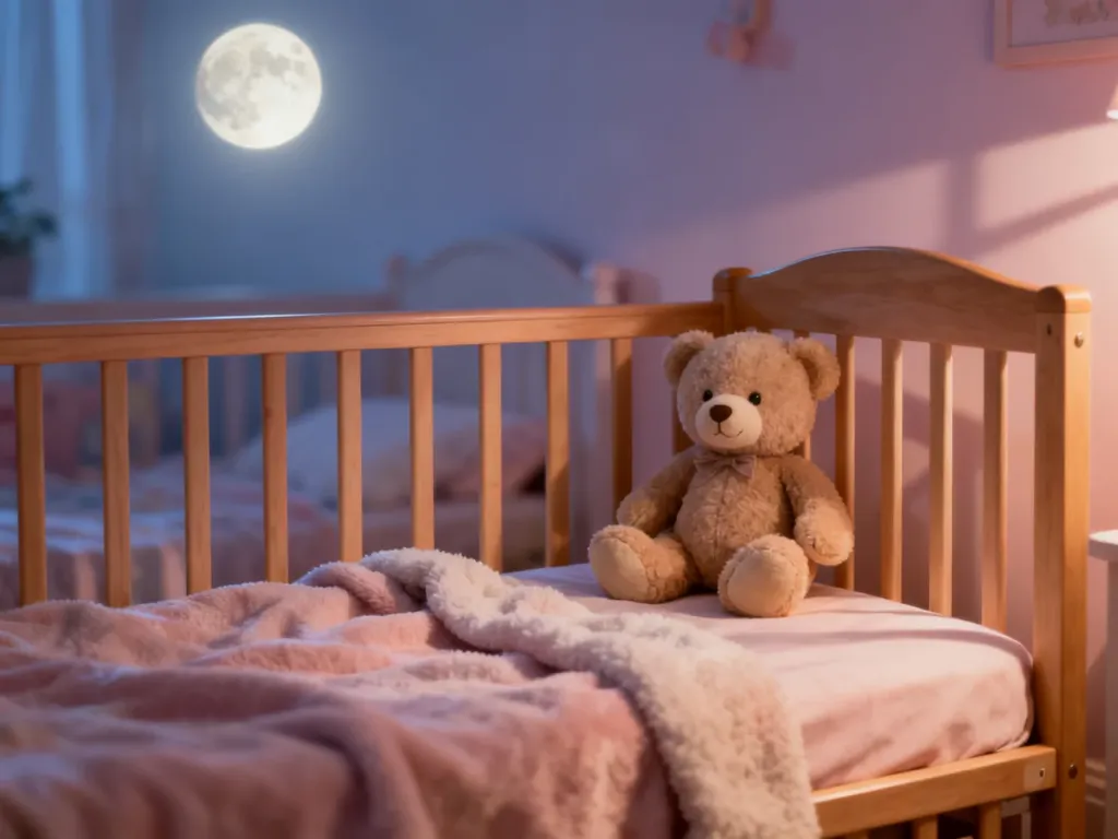 Przytulne łóżeczko dziecięce z pluszowym misiem w spokojnym, nocnym pokoju oświetlonym delikatnym światłem księżyca.