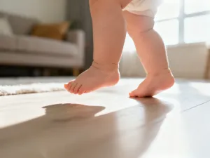 Silikonowy smoczek leżący na miękkim kocyku w przytulnym, przyciemnionym pokoju dziecięcym.