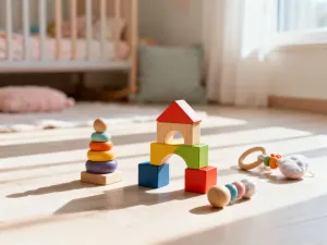 Ceramiczna świnka skarbonka na drewnianym biurku w słonecznym wnętrzu banku, symbolizująca oszczędzanie dla dziecka.
