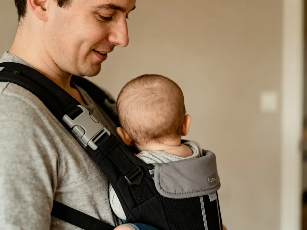 Rodzic noszący niemowlę przodem do siebie w ergonomicznym nosidełku