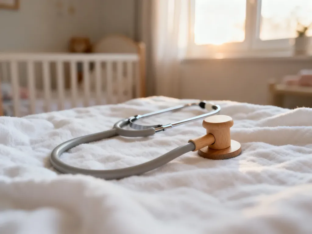 Drewniany stetoskop zabawkowy na białym kocu w przytulnym pokoju dziecięcym, symbolizujący diagnostykę zdrowia dziecka.