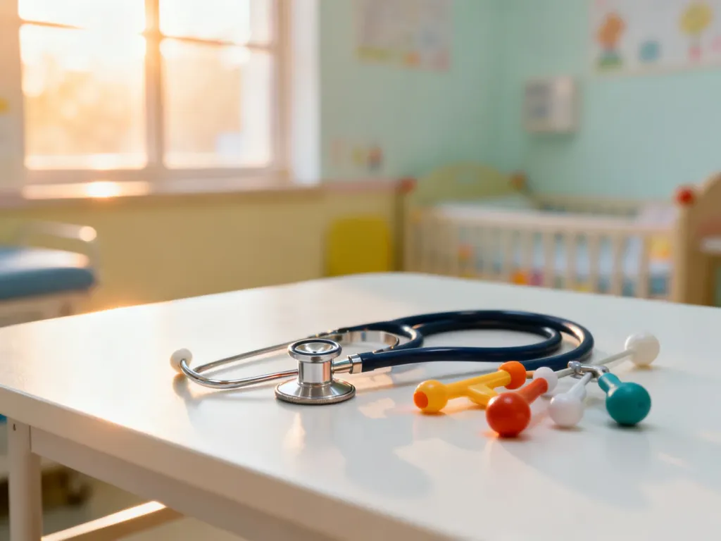 Profesjonalne narzędzia diagnostyczne i stetoskop na stole w gabinecie pediatrycznym, przygotowane do badania dziecka.