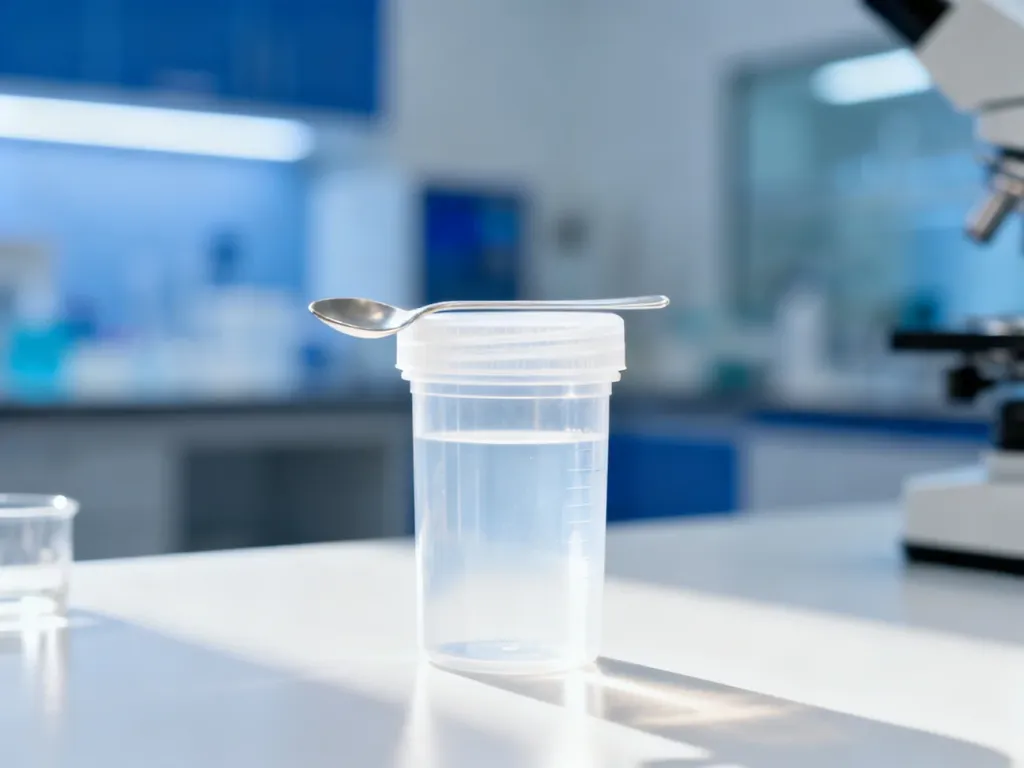 Sterylny pojemnik medyczny z łopatką na białym tle, przygotowany do pobrania próbki kału w warunkach laboratoryjnych.