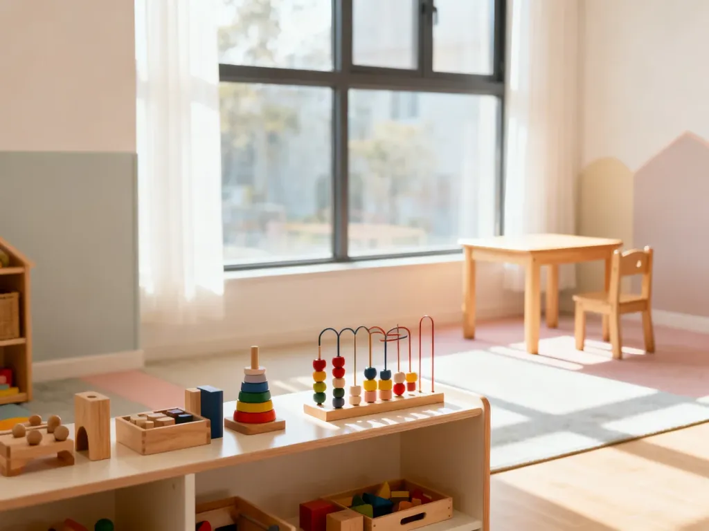 Jasny pokój dziecięcy z uporządkowanymi zabawkami Montessori na niskiej półce, sprzyjający rozwijaniu samodzielności.