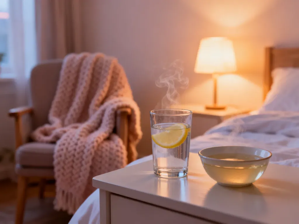Szklanka wody z cytryną i miseczka bulionu na stoliku nocnym w przytulnej sypialni, tworzące atmosferę spokoju i opieki.