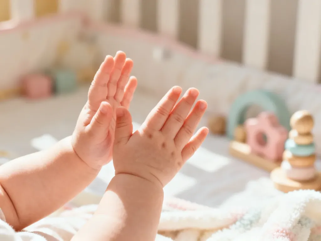 Małe rączki niemowlęcia klaszczące w dłonie w przytulnym, słonecznym pokoju dziecięcym.