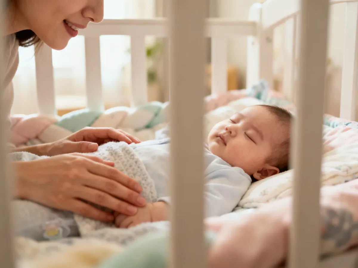 Spokojnie śpiące niemowlę bez smoczka w bezpiecznym łóżeczku