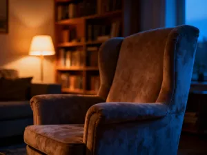 Miękki kocyk na fotelu bujanym w przytulnym pokoju dziecięcym, tworzący kojącą atmosferę sprzyjającą uspokojeniu niemowlęcia.