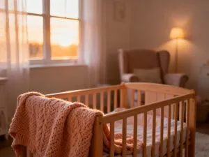 Pusta wanienka dziecięca z akcesoriami do kąpieli na pastelowym ręczniku w słonecznej łazience.