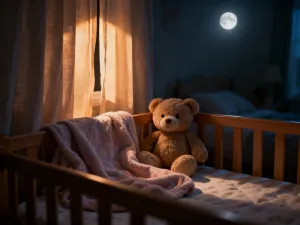 Butelka z mlekiem modyfikowanym na miękkim kocyku w przytulnym pokoju dziecięcym w świetle poranka.