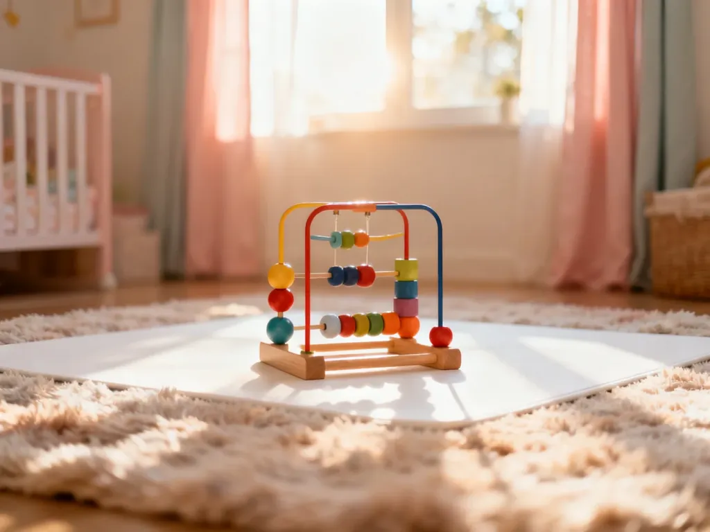 Kolorowa zabawka edukacyjna na miękkim dywanie w przytulnym pokoju dziecięcym, wspierająca rozwój niemowlęcia.