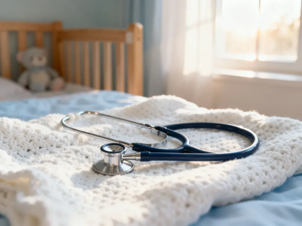 Stetoskop lekarski leżący na miękkim kocyku w pokoju dziecięcym, symbolizujący diagnostykę zdrowia dziecka.
