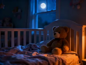 Kolorowe buciki niemowlęce na drewnianej podłodze w przytulnym pokoju dziecięcym, symbolizujące naukę chodzenia.