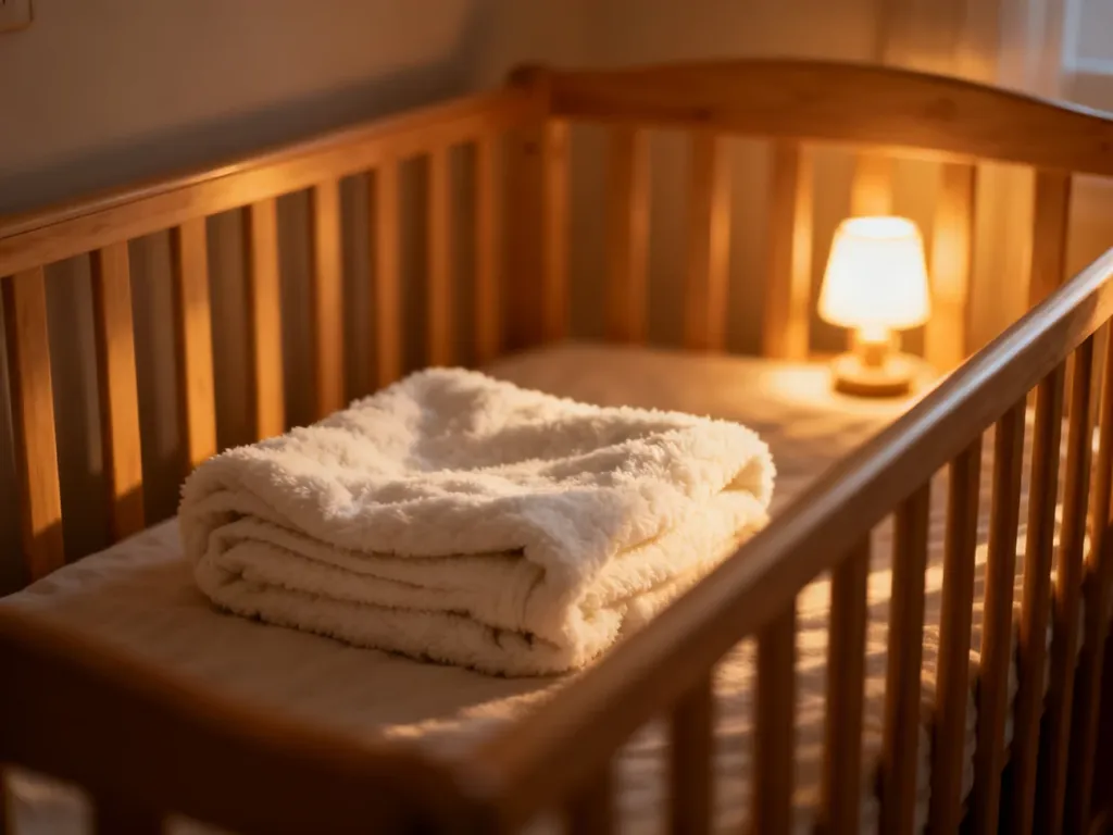 Przytulne dziecięce łóżeczko z miękkim kocykiem w ciepłym, przyciemnionym świetle nocnej lampki.