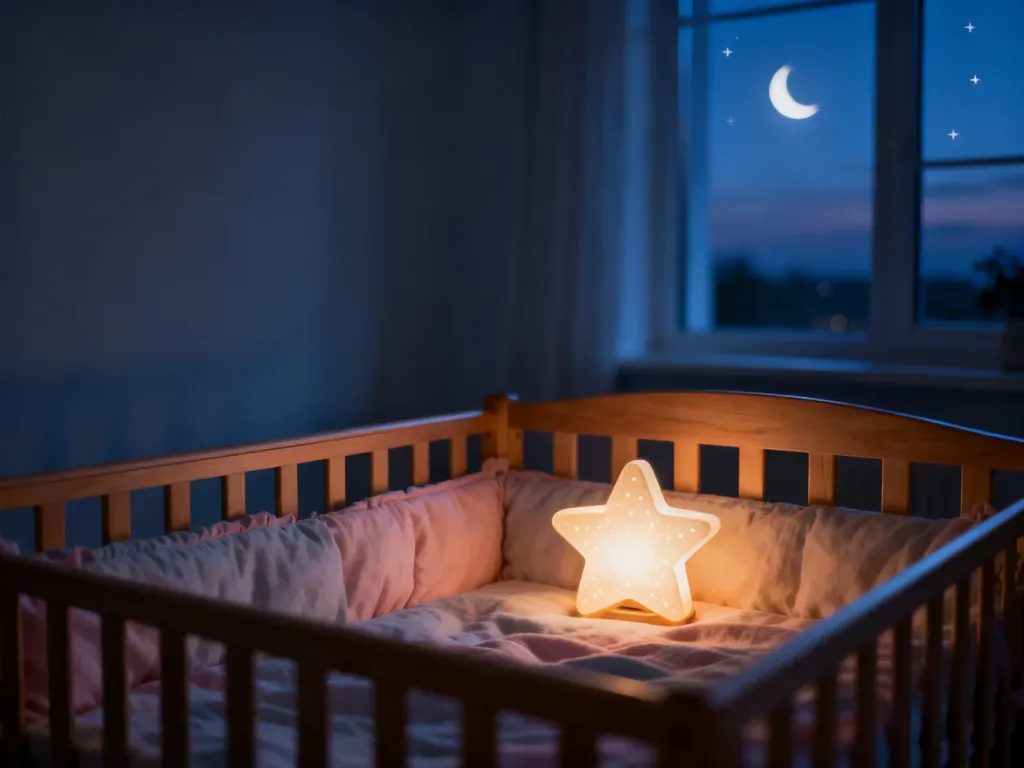 Przytulny pokój dziecięcy z łóżeczkiem oświetlonym delikatnym światłem nocnej lampki, tworzący spokojną atmosferę do snu.