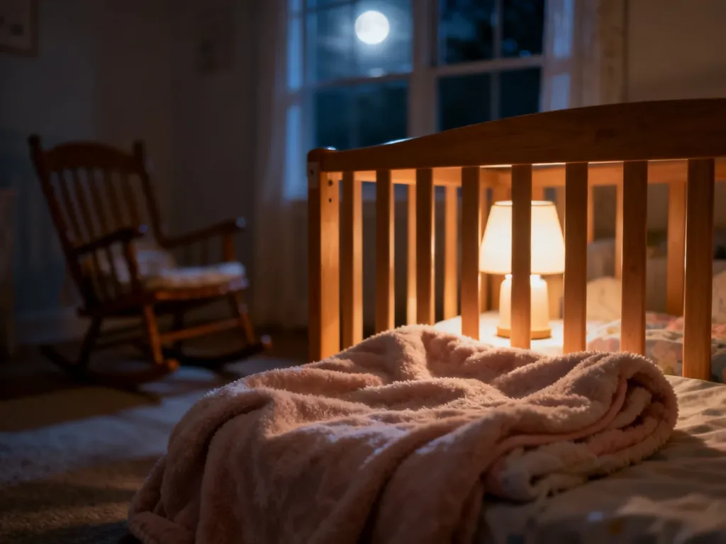 Przytulny pokój dziecięcy w nocy z delikatnym oświetleniem, łóżeczkiem i kocykiem, tworzący spokojną atmosferę do snu.