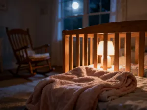 Przytulny kącik dziecięcy z kocykiem i drewnianą grzechotką w ciepłym, wieczornym świetle.