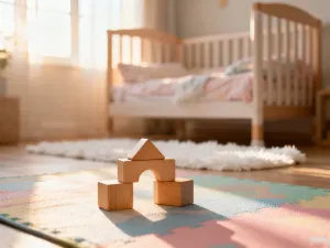 Przytulne, jasne wnętrze pokoju dziecięcego z drewnianym łóżeczkiem, zachęcające do spokojnego snu niemowlęcia.