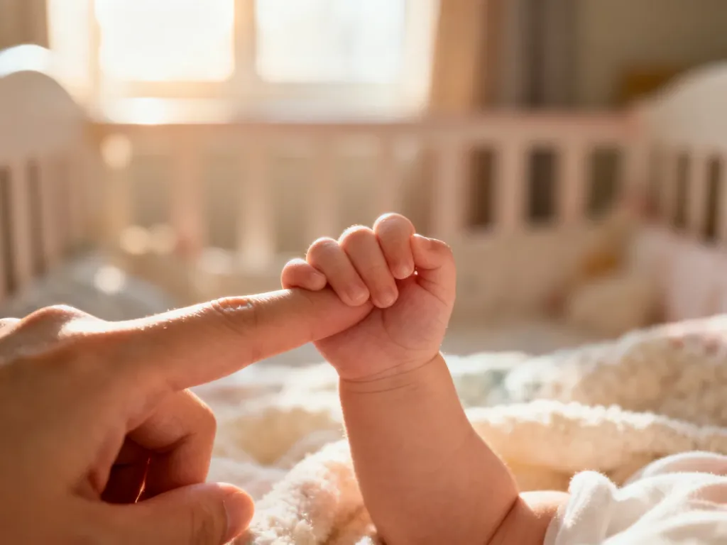 Dłoń niemowlęcia delikatnie trzymająca palec rodzica, symbolizująca bliskość i budowanie więzi w pierwszych miesiącach życia.