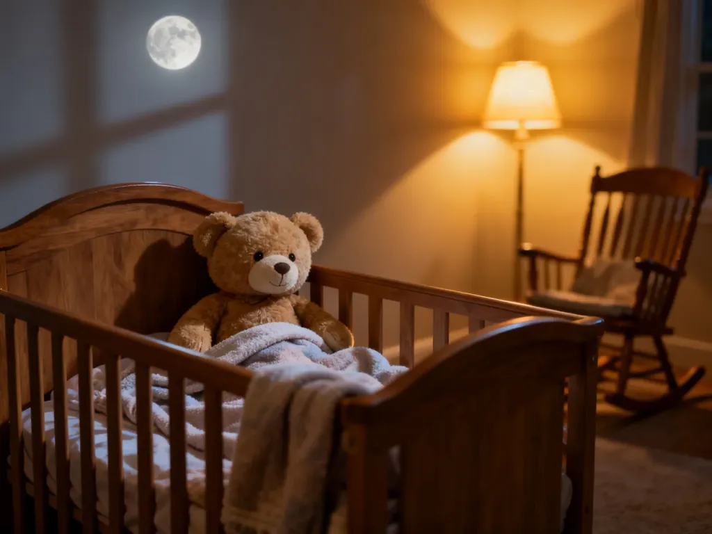 Spokojny pokój dziecięcy w nocy z łóżeczkiem, przytulnym misiem i ciepłym światłem lampki nocnej.
