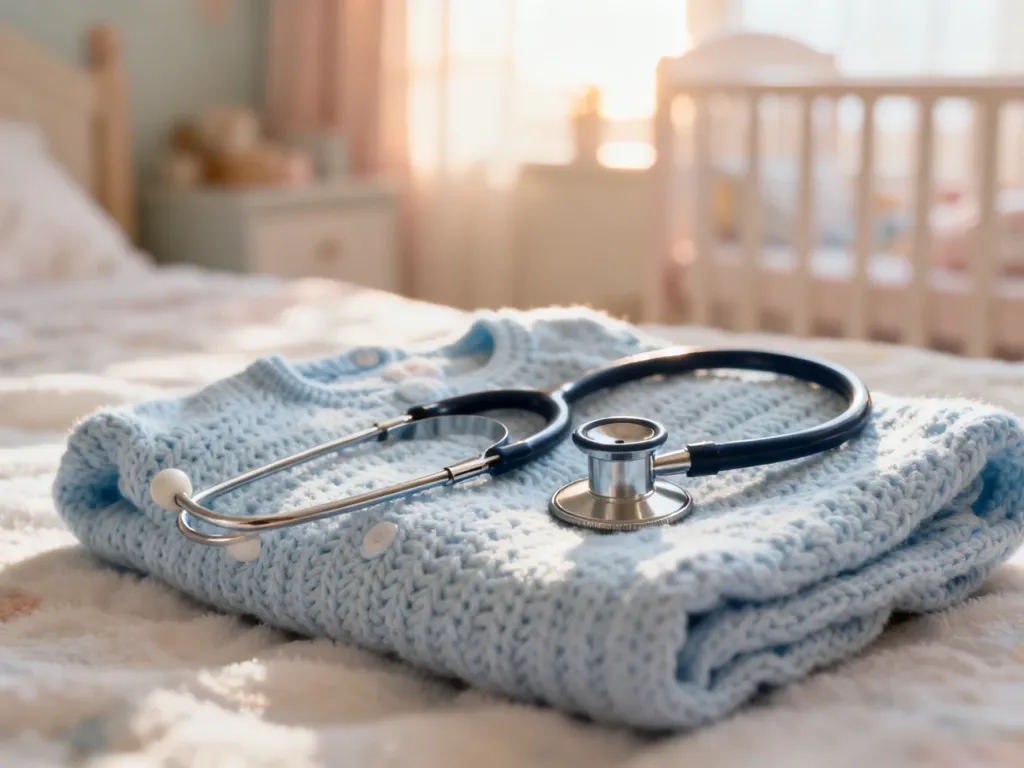 Stetoskop lekarski leżący na miękkim dziecięcym kocyku, symbolizujący diagnostykę medyczną niemowląt.