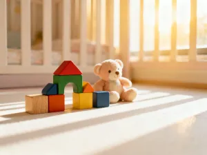 Nowoczesny aspirator do nosa leżący na miękkim ręczniku w przytulnym pokoju dziecięcym.