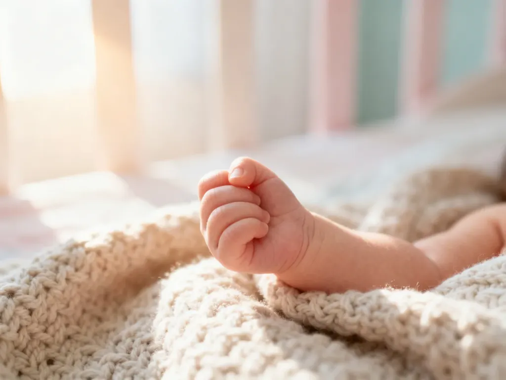 Delikatna dłoń noworodka zaciśnięta w piąstkę, spoczywająca na miękkim, wełnianym kocyku w ciepłym świetle poranka.