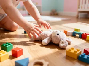 Delikatna biała szatka do chrztu na kremowym kocyku w tle z subtelnym widokiem na ołtarz kościelny.