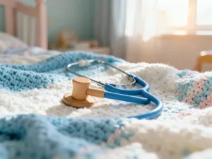 Dwie eleganckie świece do chrztu przewiązane białą wstążką na tle wnętrza kościoła, symbolizujące duchową rolę chrzestnych.