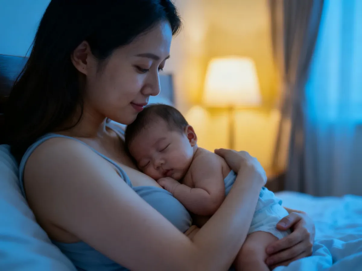 Mama przytulająca śpiące niemowlę po karmieniu piersią