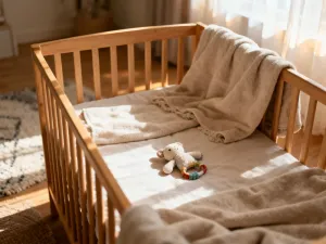 Drewniany klocek z napisem „NIE” leżący na dywanie w przytulnym pokoju dziecięcym w świetle poranka.