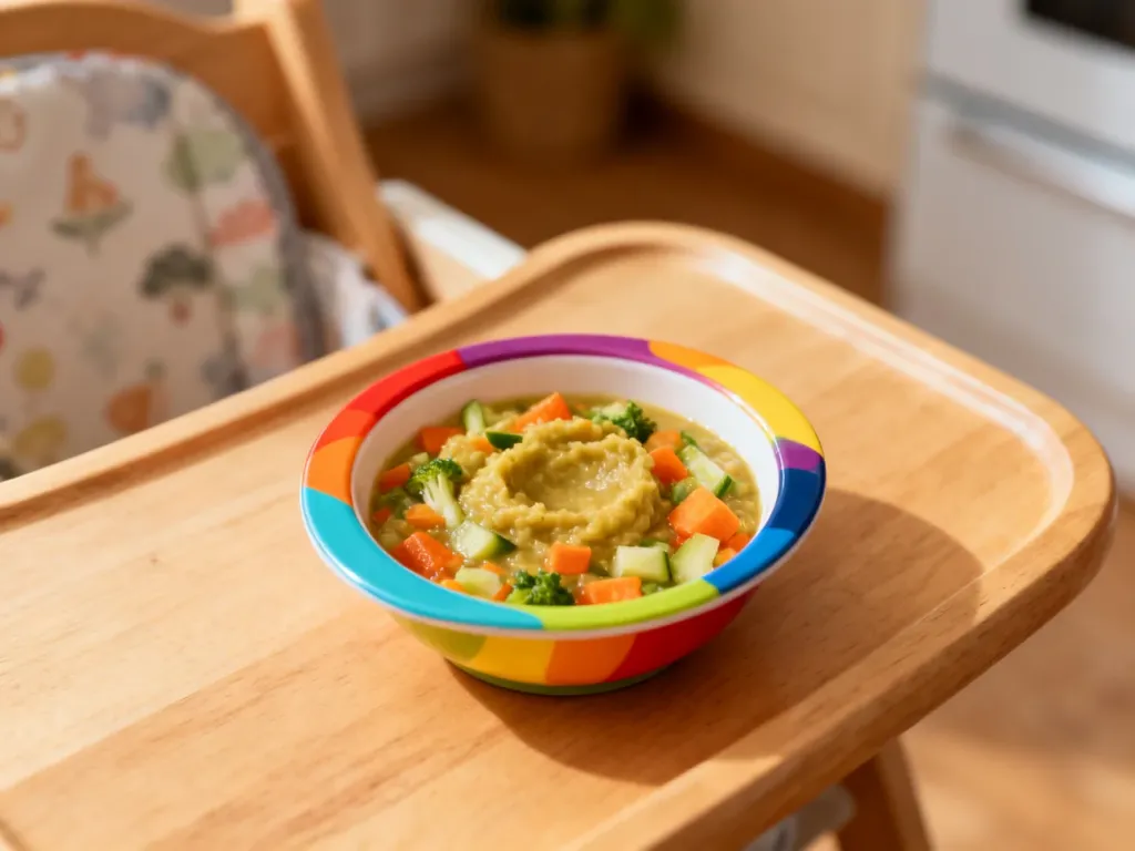 Kolorowa miseczka z warzywnym puree na tacce krzesełka do karmienia, przygotowana dla 11-miesięcznego dziecka.