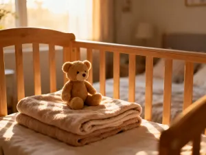 Pusta wanienka dziecięca, ręcznik i delikatne mydło przygotowane do kąpieli noworodka w jasnym, przytulnym pokoju.