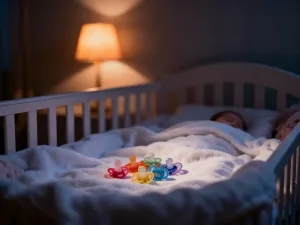 Pluszowy miś leżący na miękkim kocyku w przytulnym, nasłonecznionym pokoju dziecięcym.