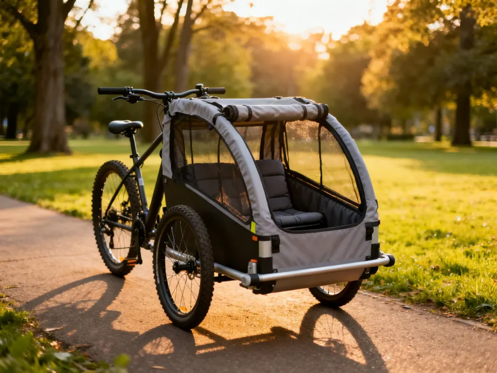 Nowoczesna przyczepka rowerowa z klatką bezpieczeństwa zaparkowana na słonecznej ścieżce w parku.